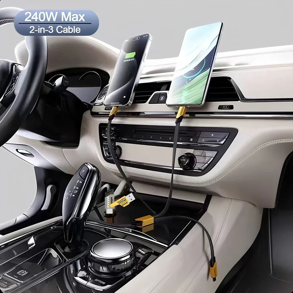 240W 2-in-3 Nylon Braided Multi-Port Fast Charging Cable USB-A + USB-C to USB-C, Lightning & Micro USB