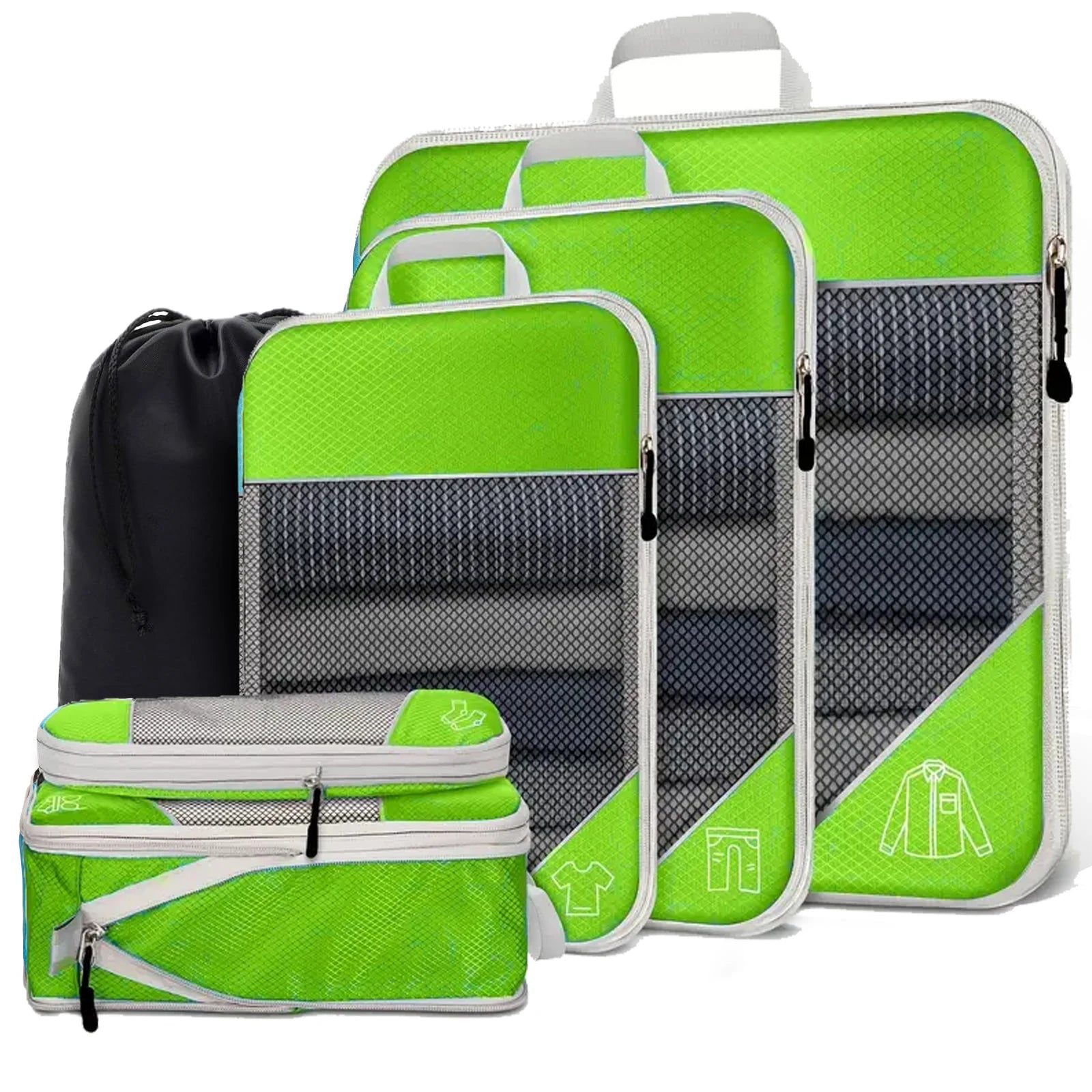 6-Piece Travel Compression Packing Cubes Set with Shoe Bag - Mesh Lightweight Luggage Organizers