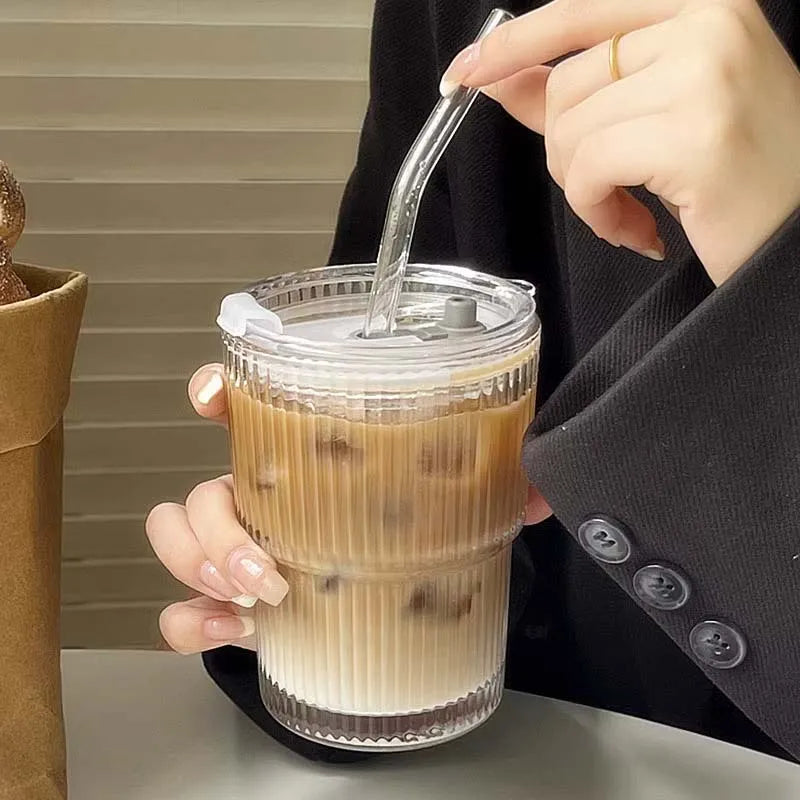 450ml (15.2 fl oz) Glass Tumbler with Lid and Straw, Leakproof High-Temperature Coffee & Tea Cup