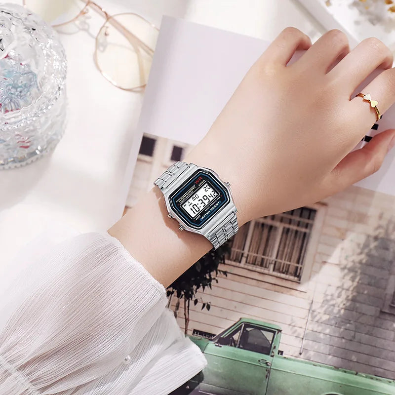 Rose Gold Retro Digital LED Women's Watch - Rectangular 32mm Case, Water-Resistant 3ATM