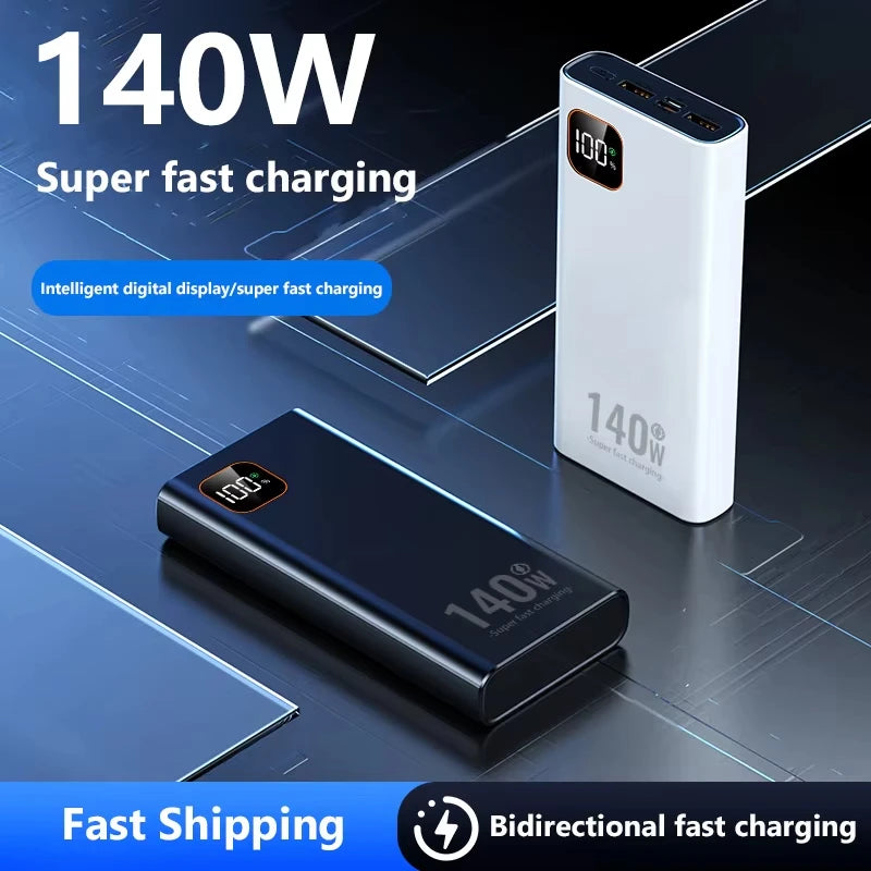 100000mAh 140W Portable Power Bank - Super Fast USB-C, Lightning & Triple USB Charger with Digital Display