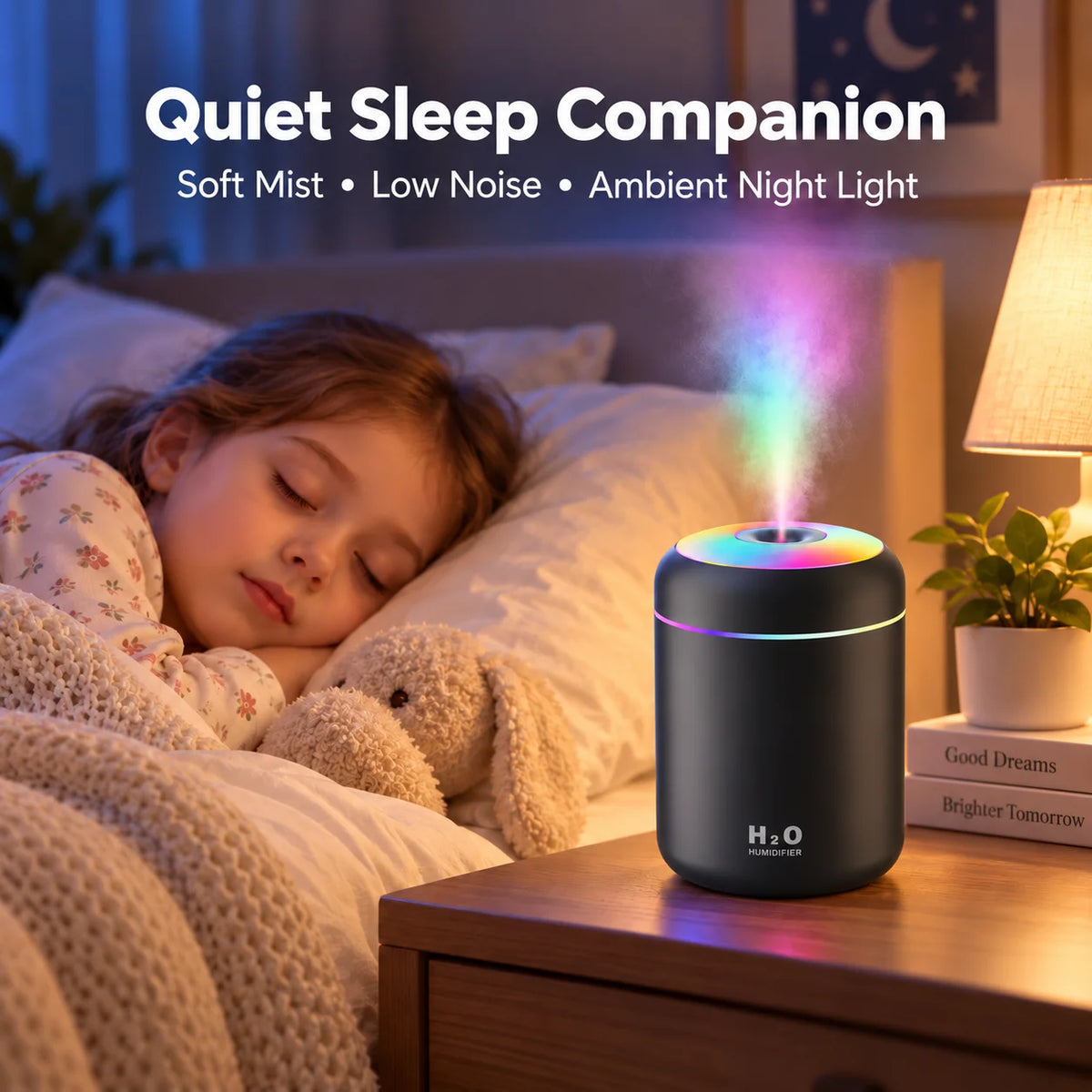 Mini USB Humidifier and Aroma Diffuser - Ultrasonic Cool Mist Portable with LED Light for Home, Bedroom, Car, Office, Desktop