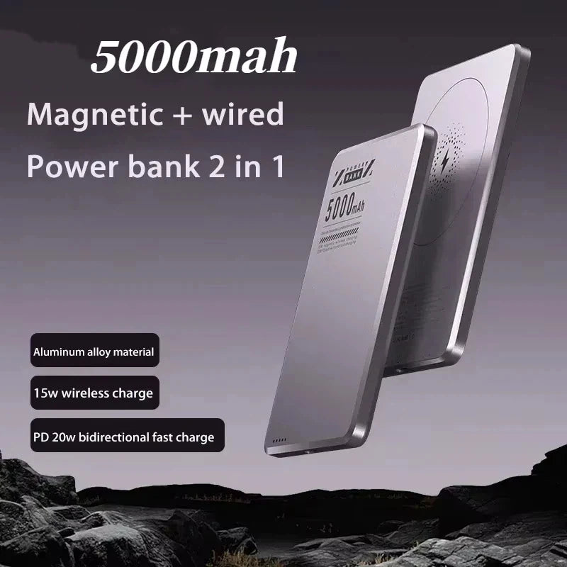 5000mAh Ultra-Slim Magnetic Wireless Power Bank Fast Charge Qi2 Clip-On Portable Battery with Built-In Cables and LED Display