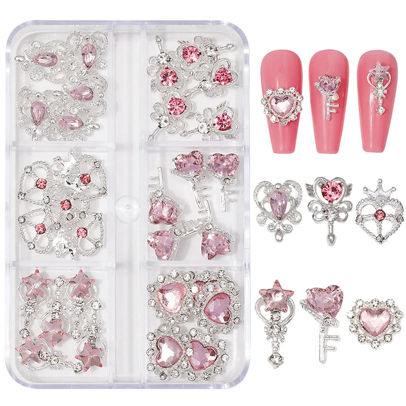 6-Grid Nail Rhinestone Kit – Saturn, Planet & Cross Crystal Nail Charms for Nail Art