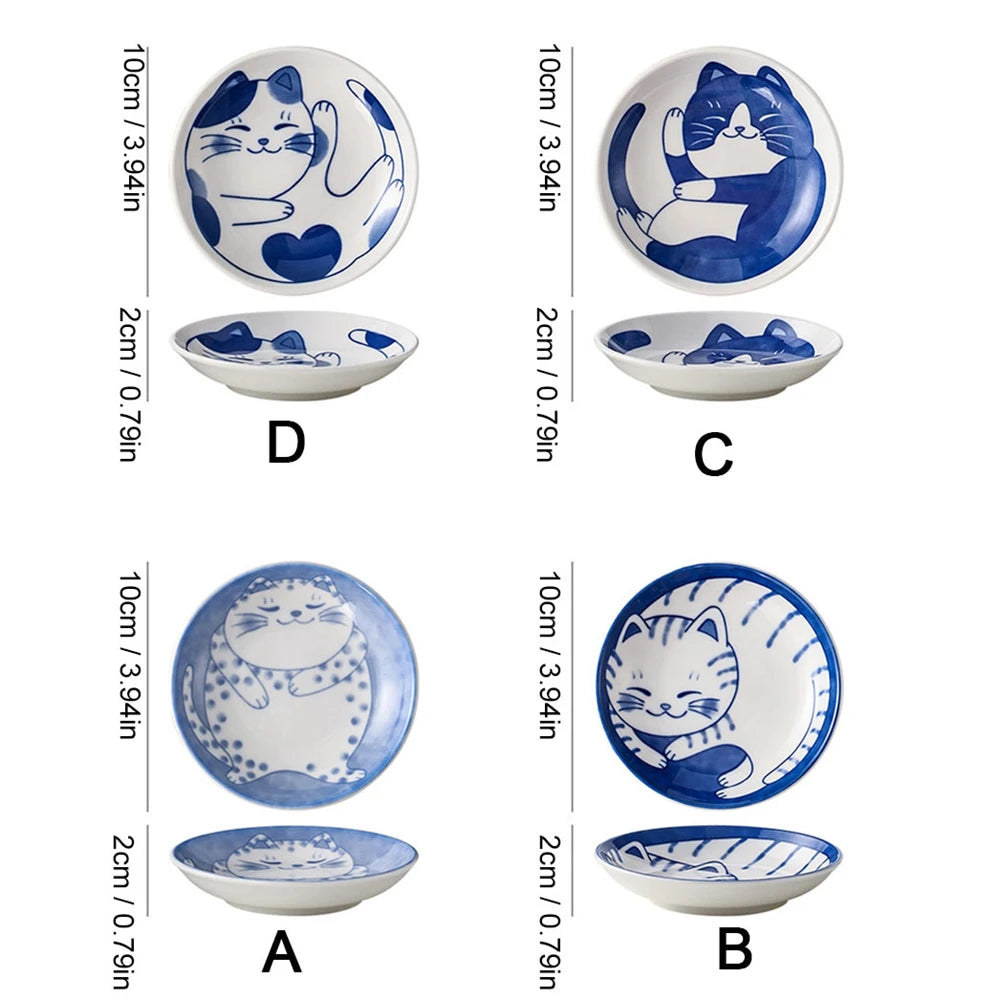 Japanese-Style Ceramic Lucky Cat Sauce Dish - Cute Dessert & Sushi Plate (1 or 4-Pack)