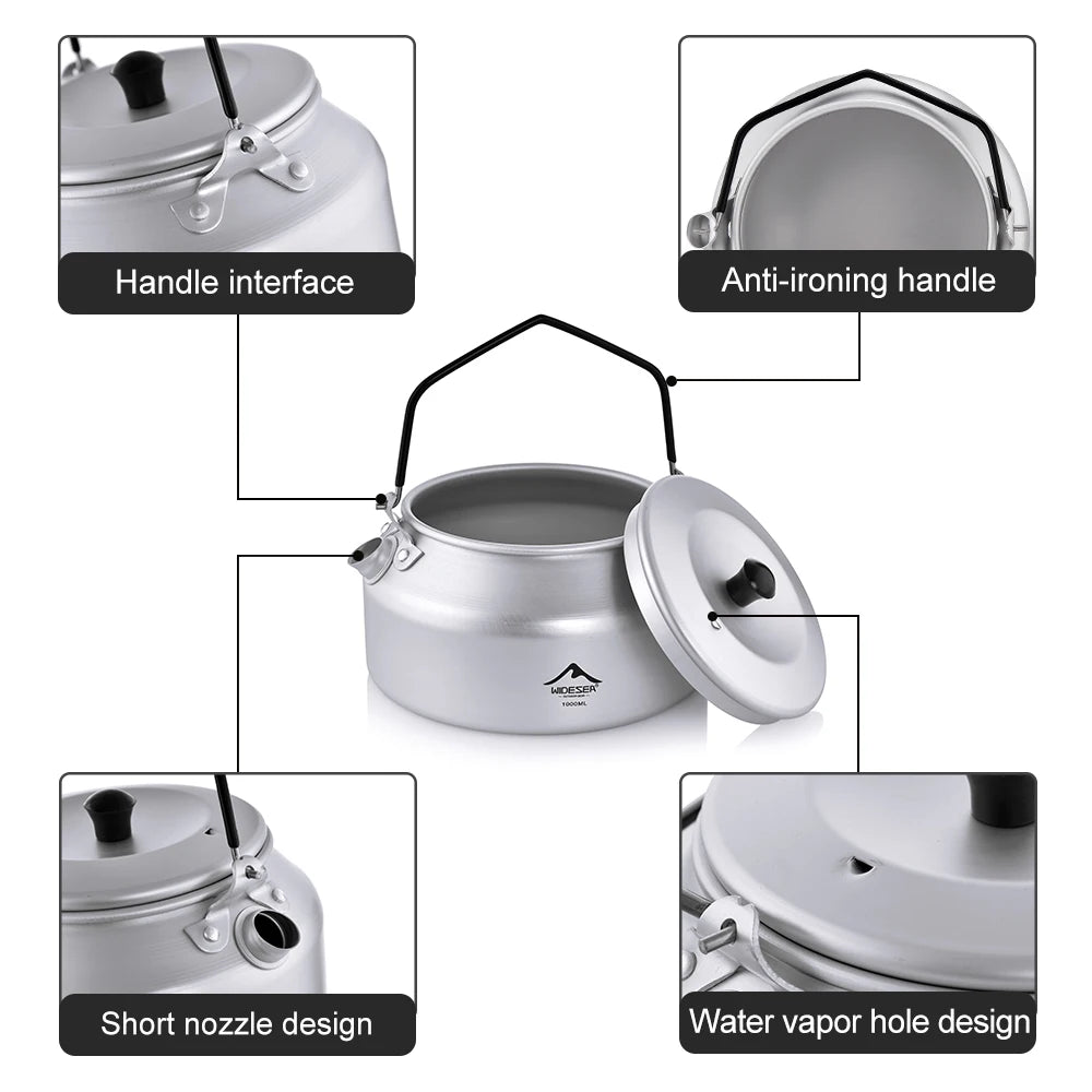 1L Aluminum Camping Kettle Lightweight Portable Travel Kettle with Detachable Handle