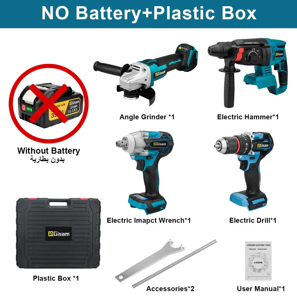 4-in-1 Brushless Cordless Power Tool Kit - Impact Wrench, Drill, Angle Grinder & Hammer - 18V Battery Pin Compatible