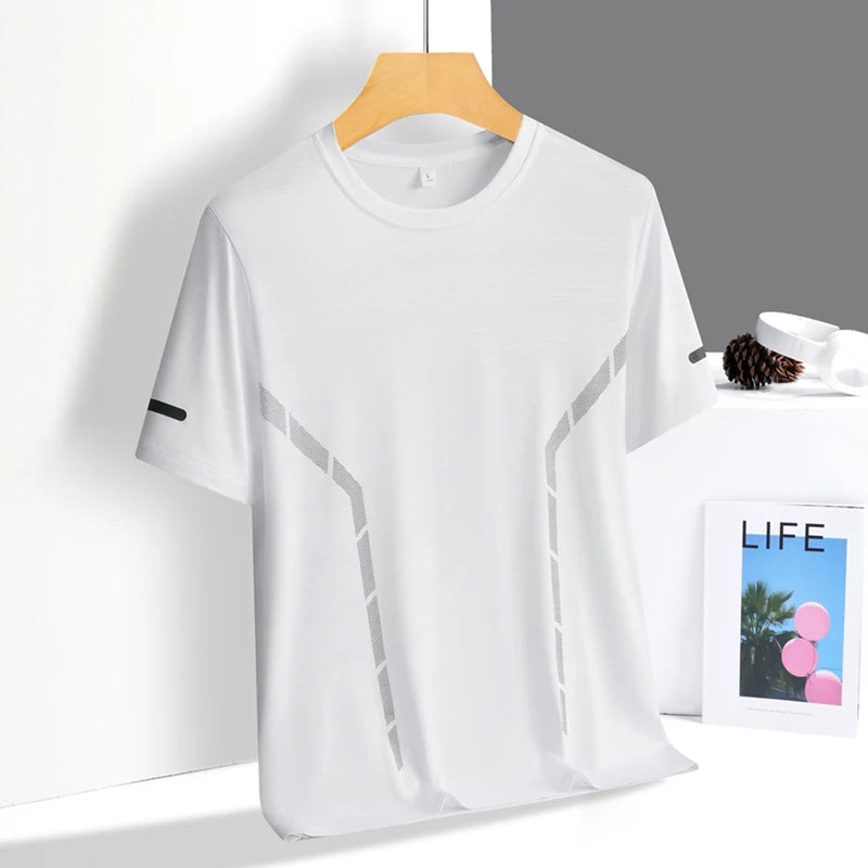 Men's Running T-Shirt Ice Silk Quick-Dry Breathable Mesh Short Sleeve Athletic Tee with Reflective Print