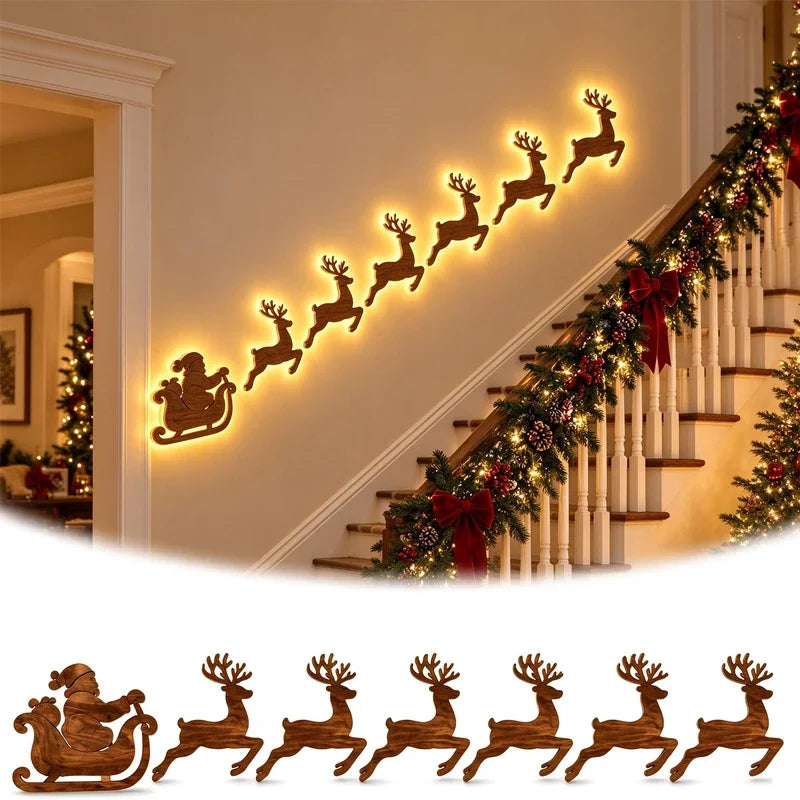 LED Light-Up Wooden Reindeer & Santa Sleigh Wall Decor with Remote — Battery Powered Christmas Wall Stickers