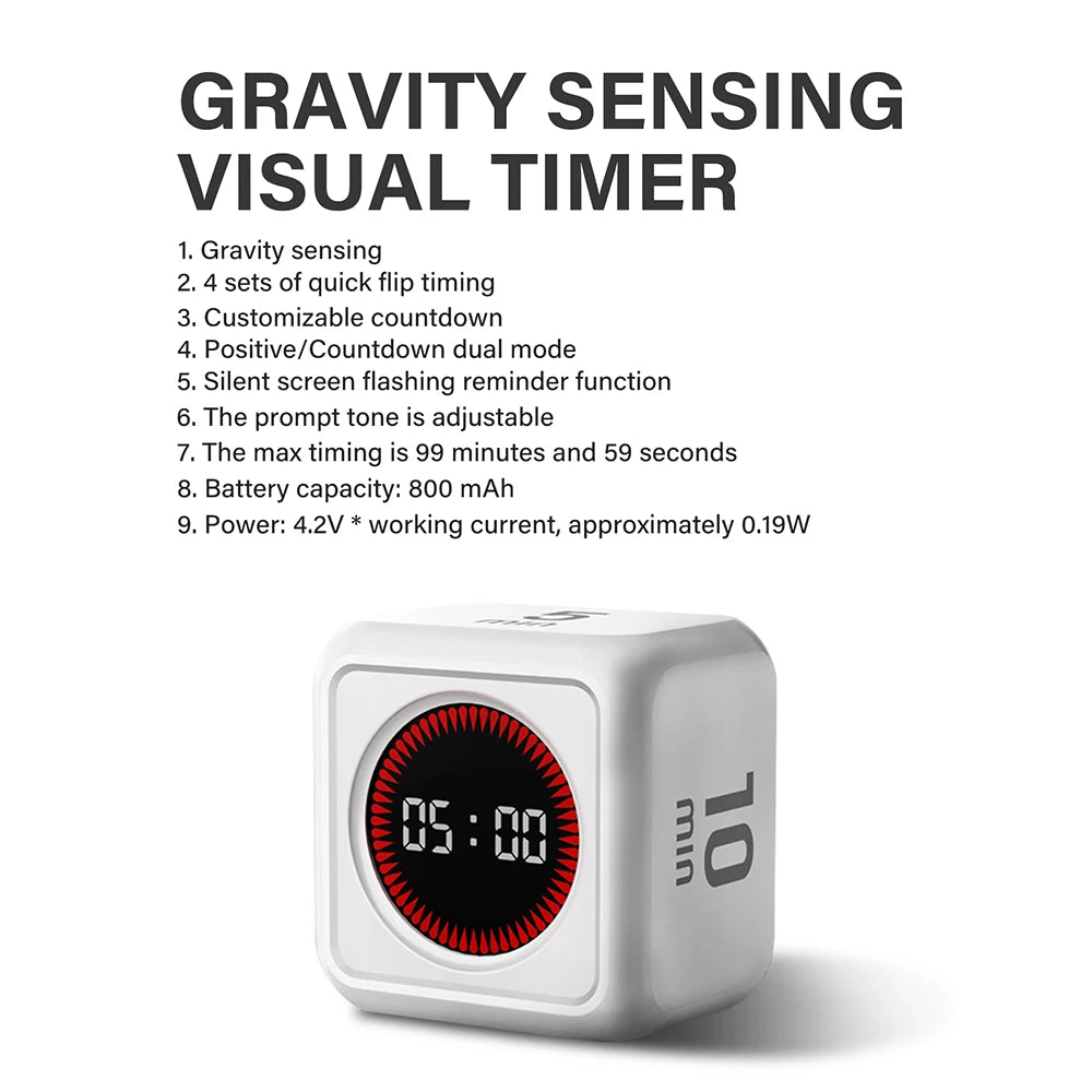 Flip Cube Timer Gravity Sensor LED Display - 4 Preset USB Rechargeable Mini Timer for Cooking and Study