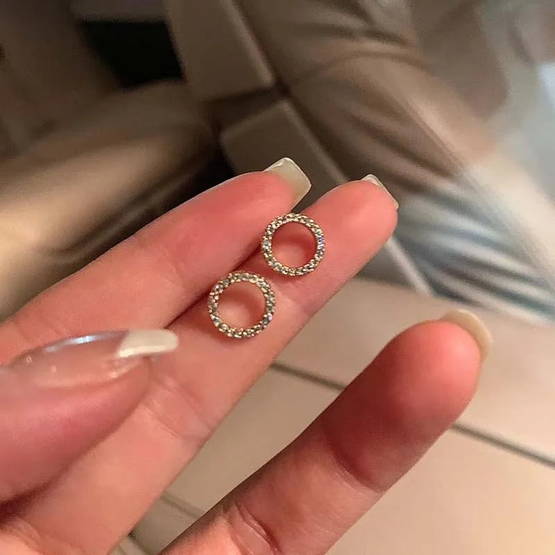 Gold Crystal Circle Stud Earrings for Women Minimalist Korean Party Jewelry