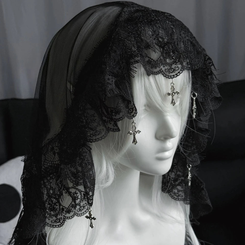 Y2K Gothic Lace Cross Bandana Headpiece Dark Lolita Tulle Head Cover for Halloween Cosplay