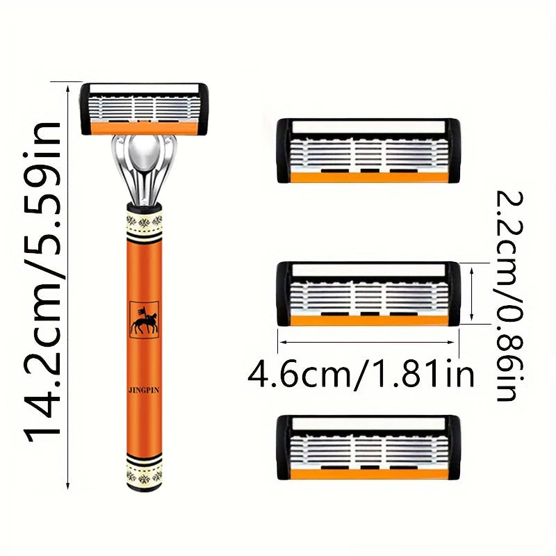 6-Layer Stainless Steel Safety Razor Set for Men - Replaceable Blade Head, Manual Shaving