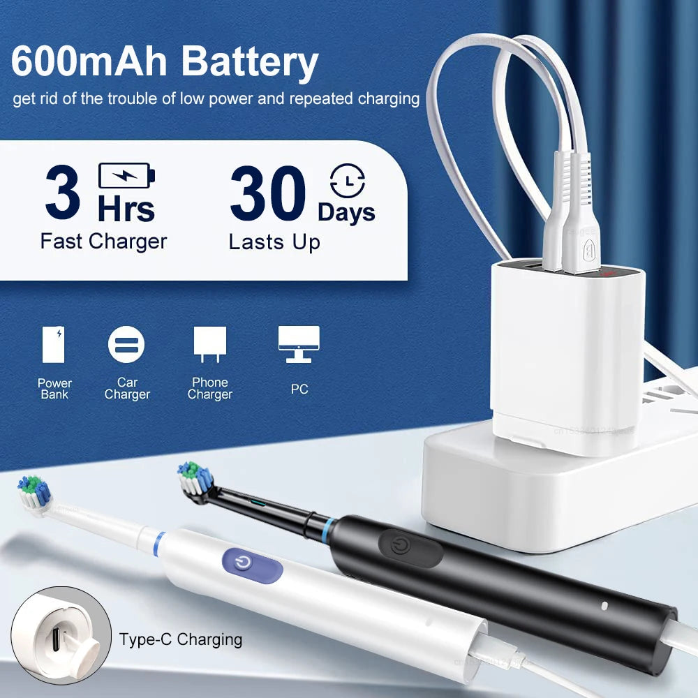 Rechargeable Rotating Electric Toothbrush for Adults – 8 Soft Brush Heads, 5 Modes, 600mAh, IP67 Waterproof