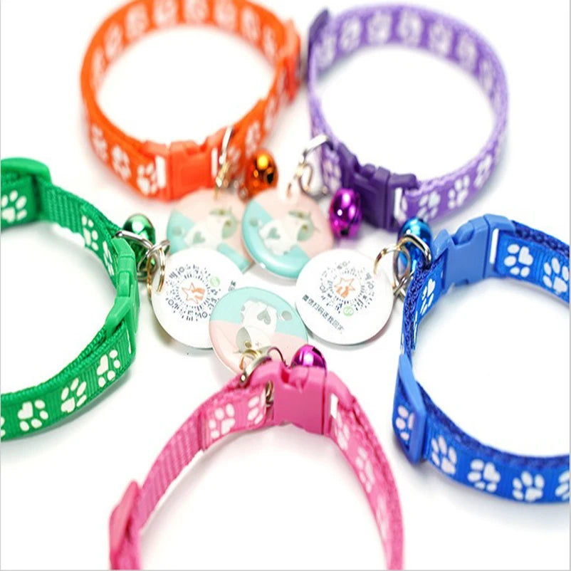 Adjustable Cat Collar with Bell and D-Ring, Dog-Print Rope Necklace, Multiple Colors