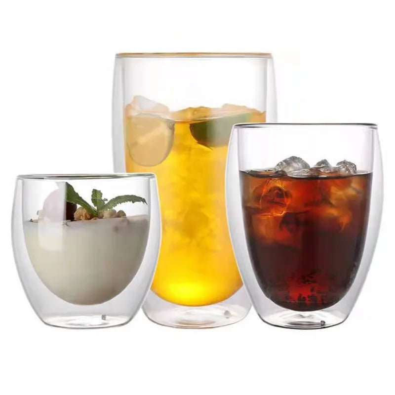 Clear Double Wall Insulated Glass Cups — 5 Sizes | Coffee, Espresso, Tea, Beer & Whiskey Mugs
