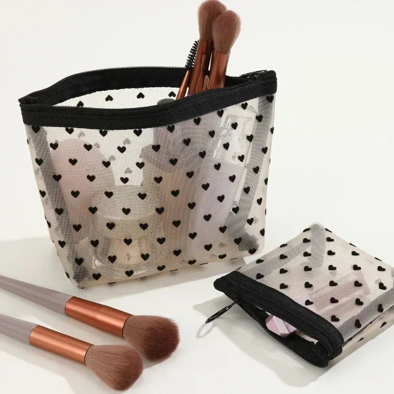 Heart-Shaped Mesh Cosmetic Bag - Zipper Toiletry Makeup Pouch for Women, Coin & Lipstick Organizer
