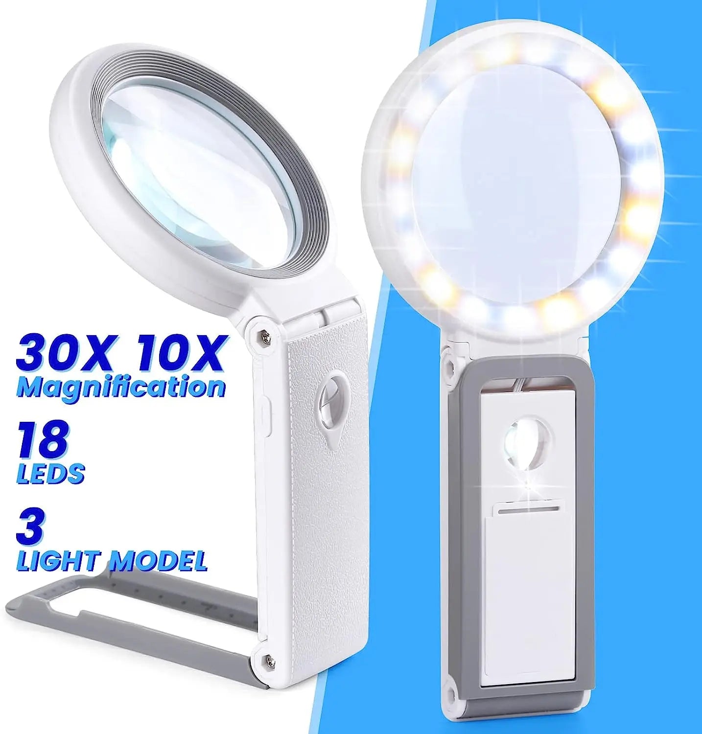 10X / 30X LED Magnifying Glass with 18 LEDs and Stand - Folding Handheld Illuminated Magnifier for Reading, Jewelry & Coins