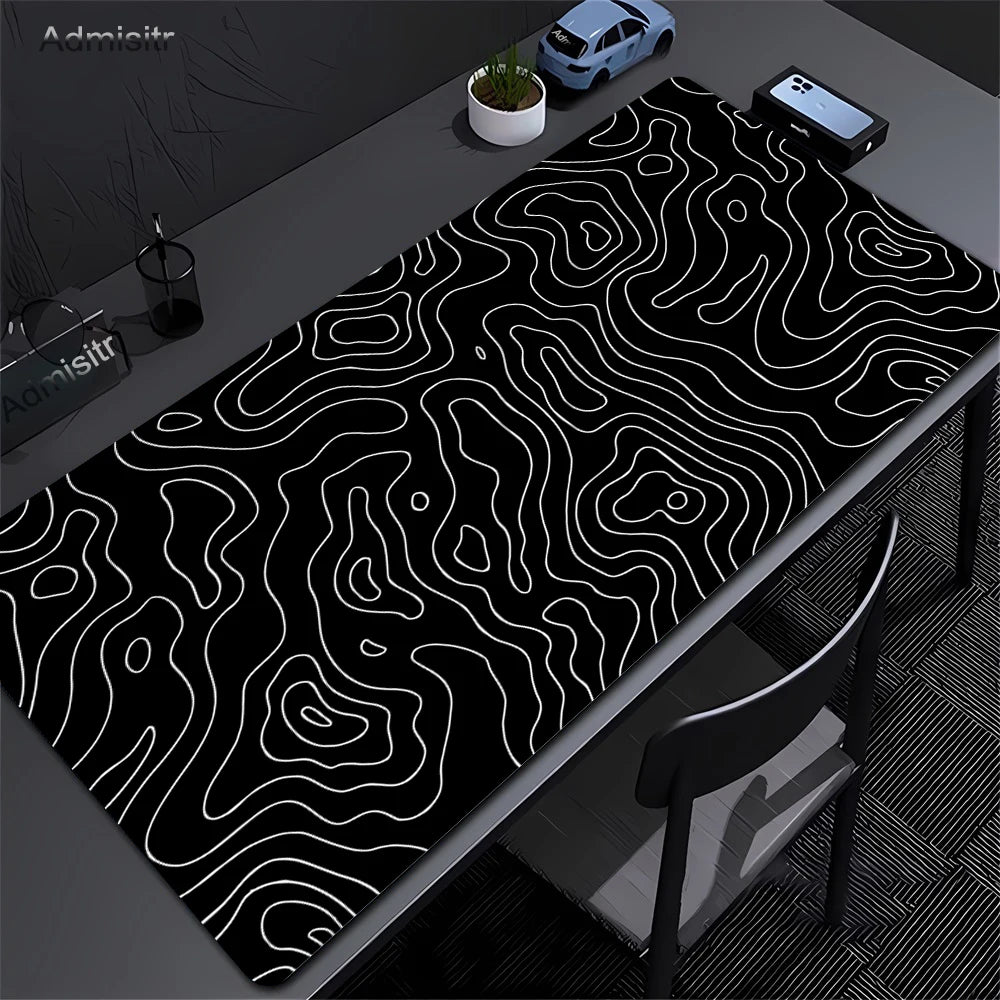 XXL Black & White Abstract Desk Mat - Liquid Strata Gaming Mouse Pad, Large Non-Slip Locking-Edge Deskmat
