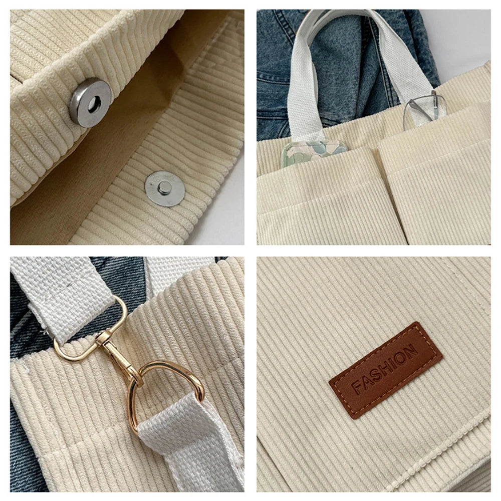 Corduroy Large Women's Tote Bag 13.4 x 9.8 x 5.5 in (34 x 25 x 14 cm) Shoulder Crossbody Commuter Handbag