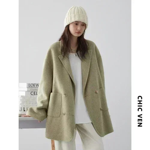 Women's Wool Blend Double-Sided Coat Loose Retro Double-Breasted Office Outerwear for Autumn Winter