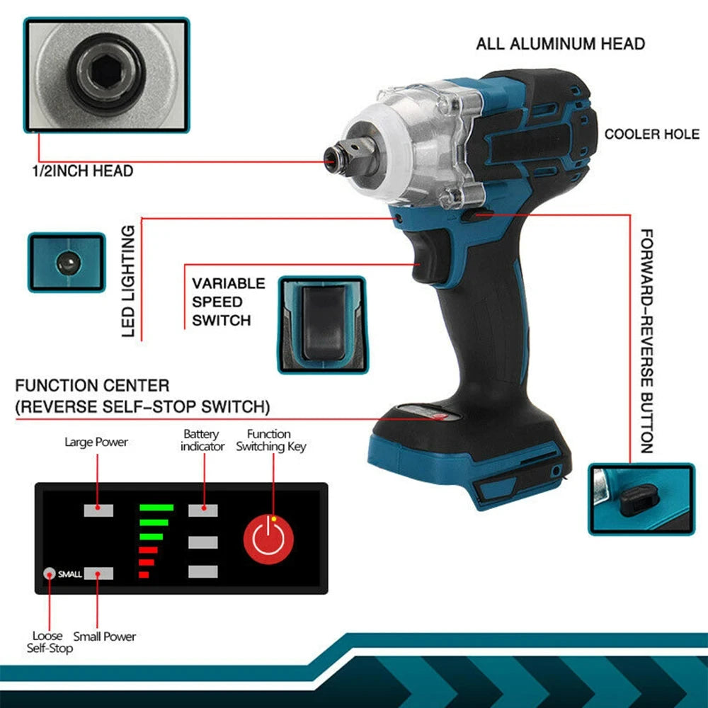 Brushless Cordless Impact Wrench 1/2 in (12.7 mm) Drive — 520 N·m Torque, 18V Battery Compatible Power Wrench with Toolbox