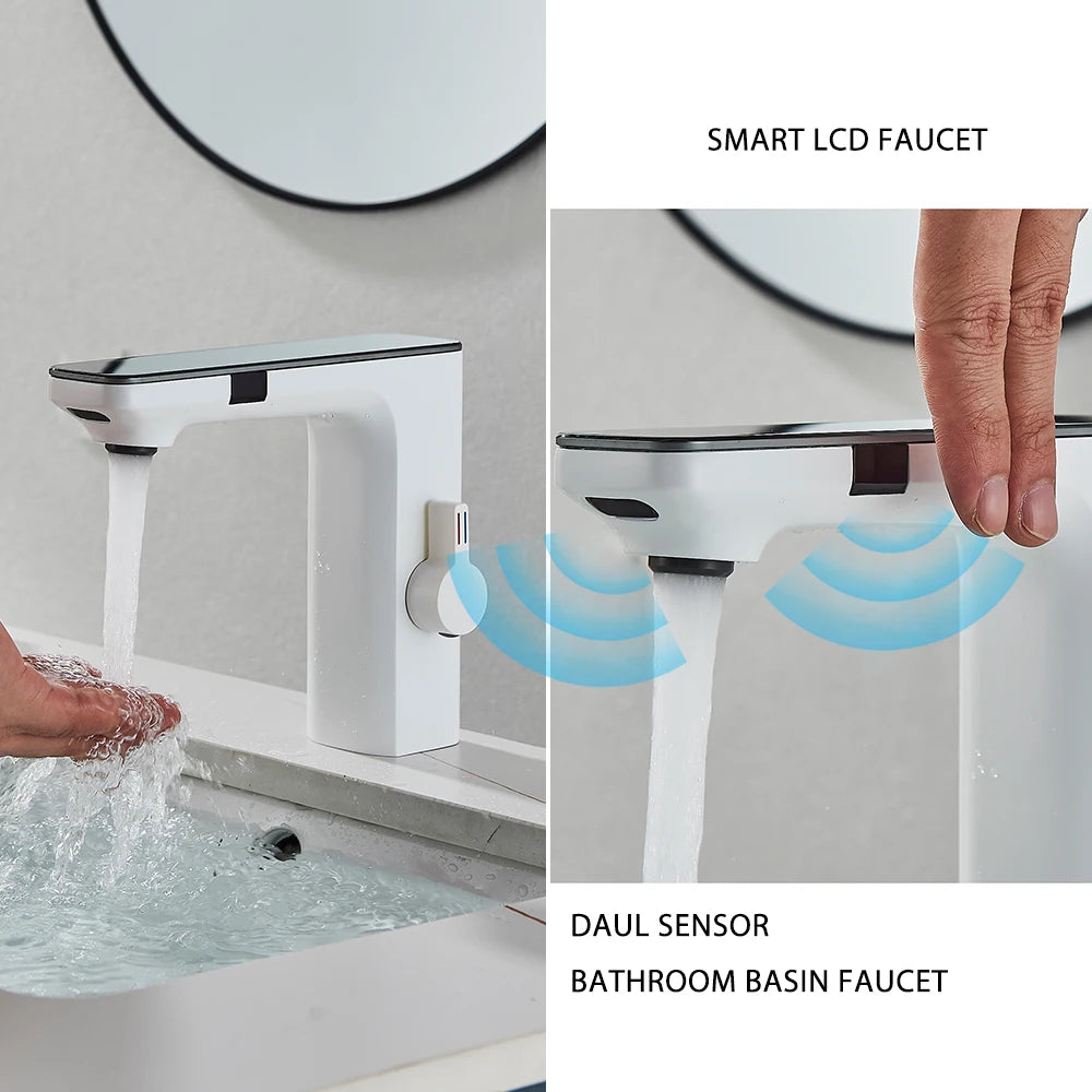 Touchless White Sensor Basin Faucet with Digital Temperature Display – Hot & Cold Mixer Tap for Bathroom Vanity