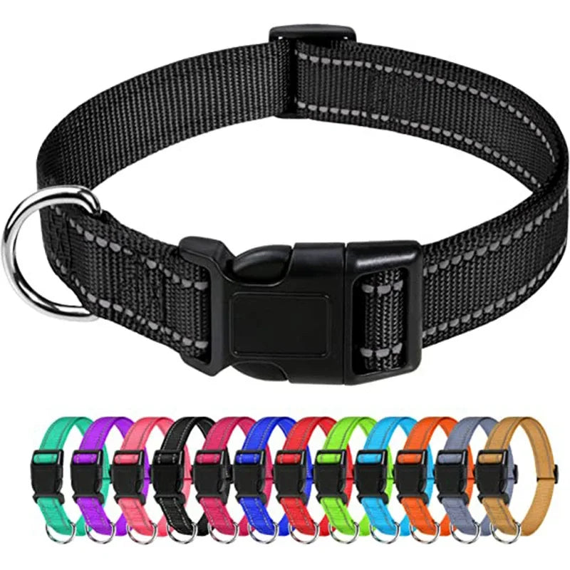 Reflective Adjustable Nylon Dog & Cat Collar — Padded Anti-Choke, Anti-Slip with Quick-Release Buckle (L: 40–60 cm / 15.7–23.6 in; XL: 45–70 cm / 17.7–27.6 in)