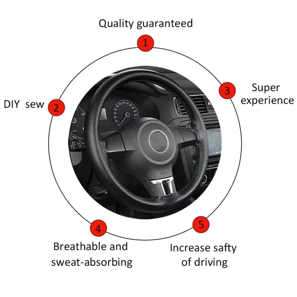 PU Leather Steering Wheel Cover with Needles & Thread - Anti-Slip Breathable DIY Stitch Kit, Fits 36–38 cm (14.2–15 in) | Multiple Colors