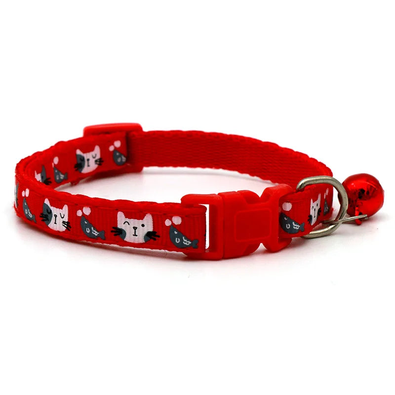 Adjustable Cat & Small Pet Collar with Bell — Colorful Cat Pattern, 19–32 cm (7.5–12.6 in), 1 cm (0.39 in) Width