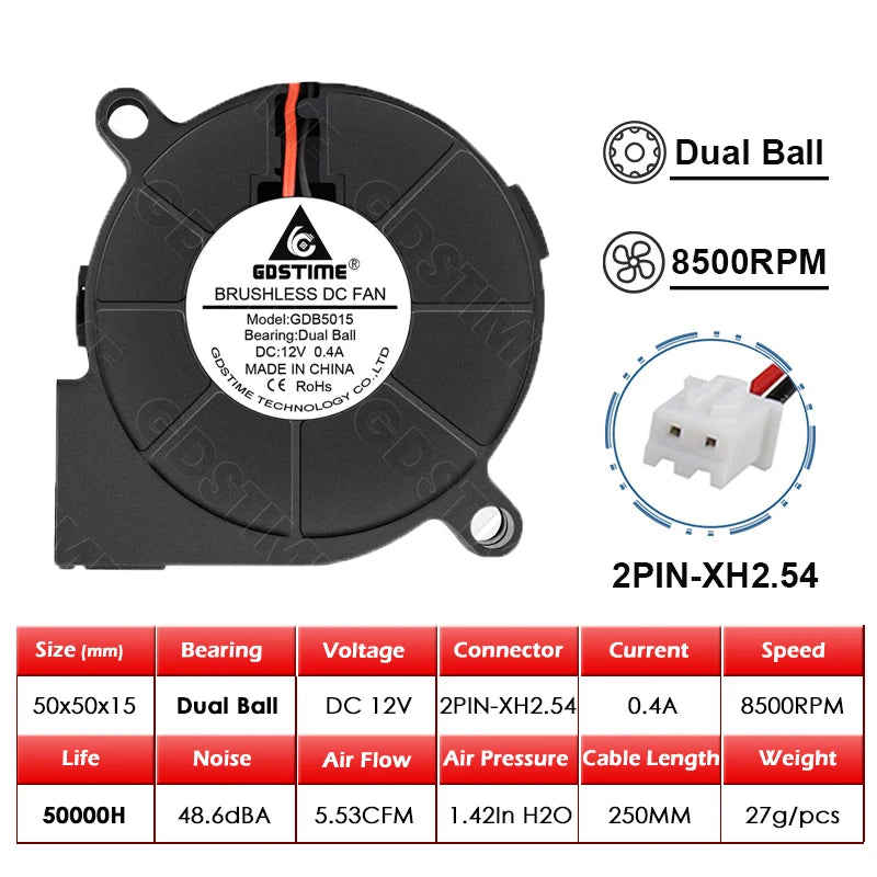 50mm (50x50x15mm) Brushless Dual-Ball Bearing Cooling Fan – 2-Pin/USB, 5V/12V/24V Turbo Blower for 3D Printers & Electronics