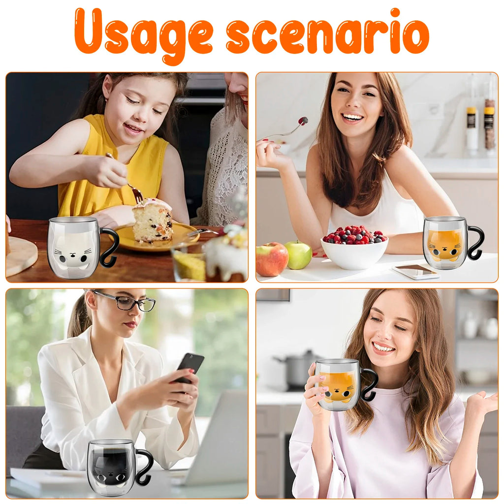Cute Cat Double-Wall Insulated Glass Coffee Mug with Handle, Cartoon Couple Teacup for Home & Office