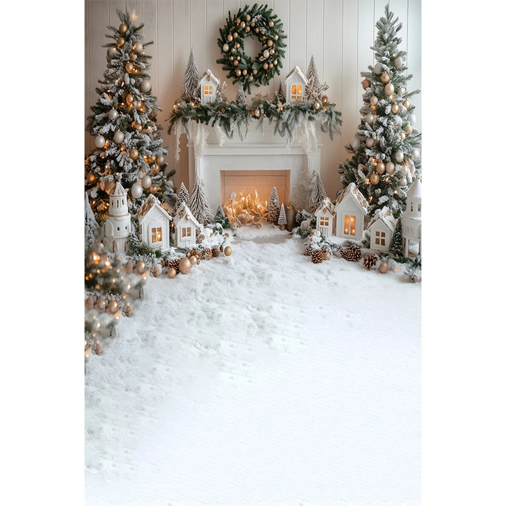 Christmas Photography Backdrop - Santa, Tree & Fireplace Winter Snow Wood Floor Portrait Background