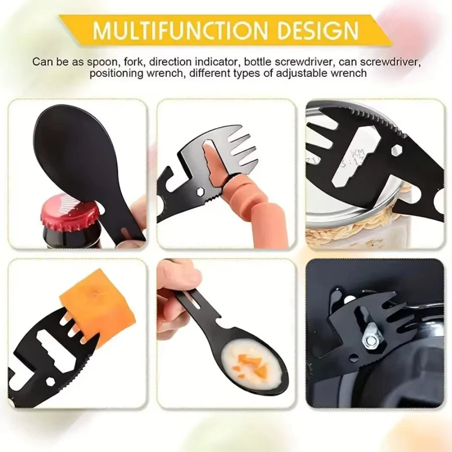 Lightweight Pocket Multifunctional Camping Utensil Stainless Steel Fork & Spoon with Bottle Opener and Wrench