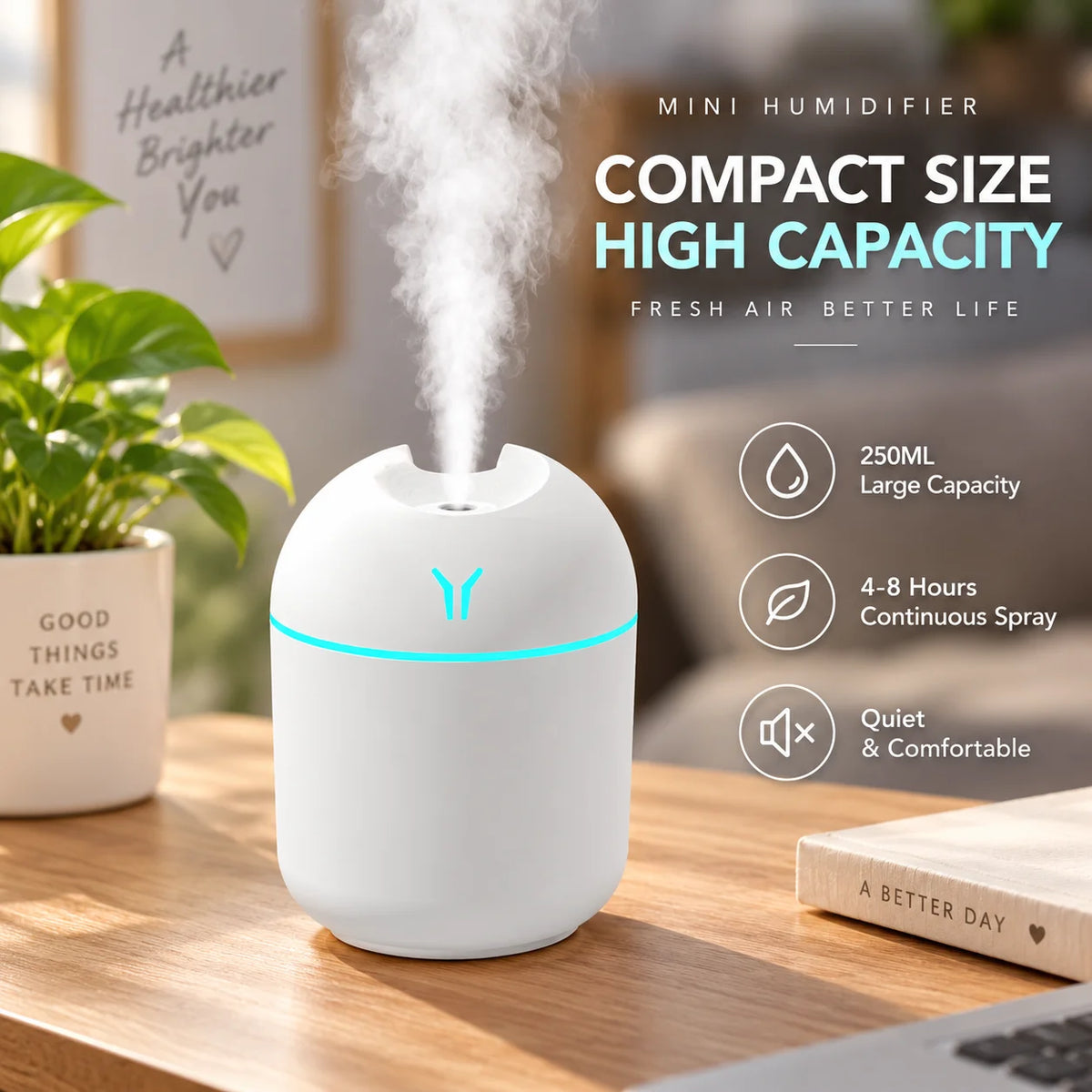250ml Mini USB Humidifier Aromatherapy Diffuser - Cool Mist, RGB LED Night Light, Quiet for Home Car Office