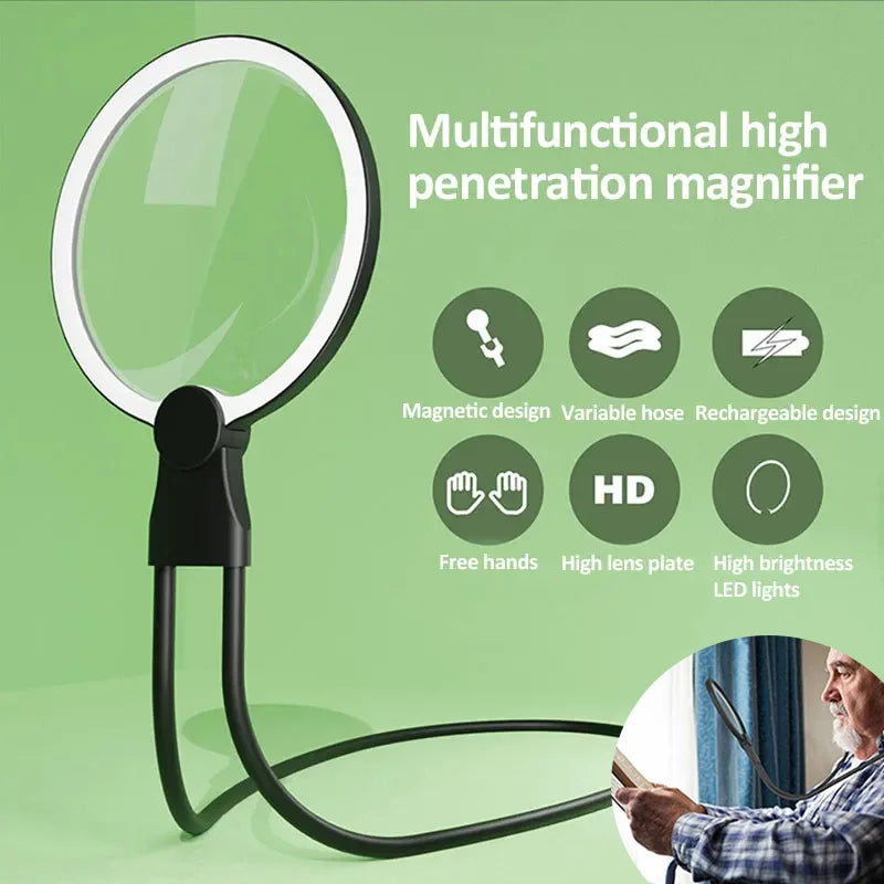 3-in-1 LED Rechargeable Neck & Desktop Magnifier 3X 130mm (5.1 in) Acrylic Lens 24 LEDs for Reading Sewing Jewelry
