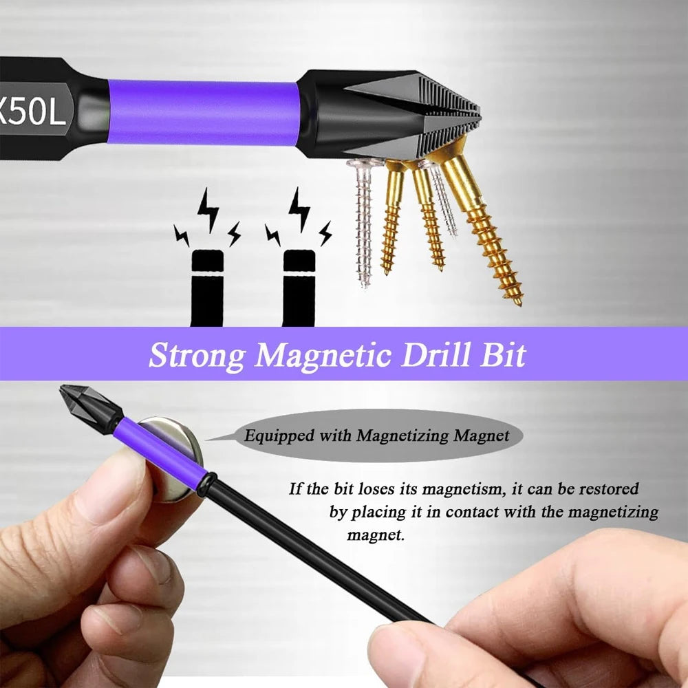 6/12-Piece Magnetic Impact Screwdriver Bit Set — Non-Slip Shockproof Phillips Torsion Bits, 1/4 in (6.35 mm) Hex Shank, Alloy Steel