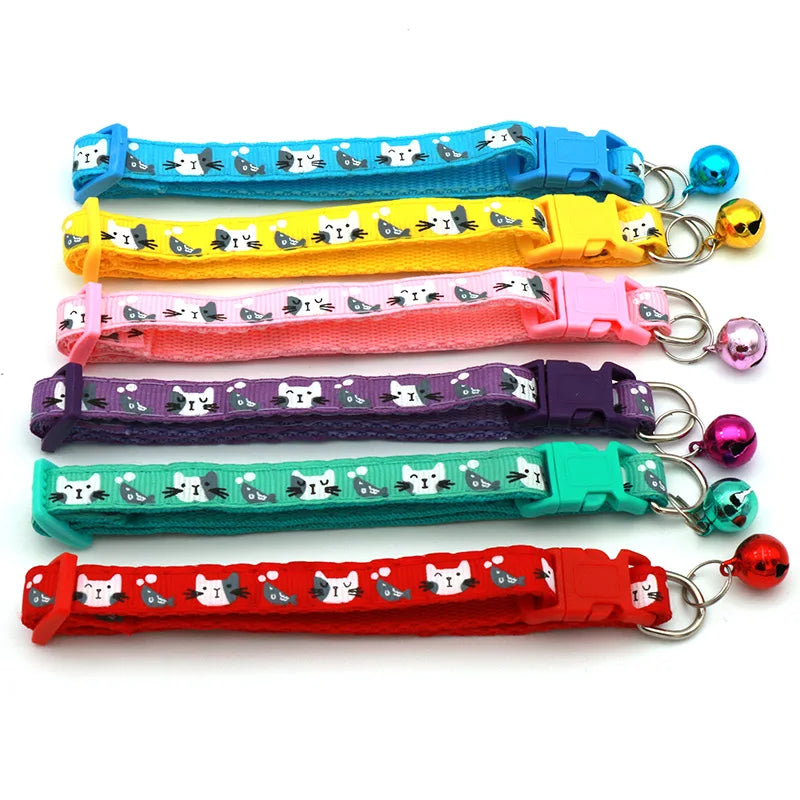 Adjustable Cat & Small Pet Collar with Bell — Colorful Cat Pattern, 19–32 cm (7.5–12.6 in), 1 cm (0.39 in) Width