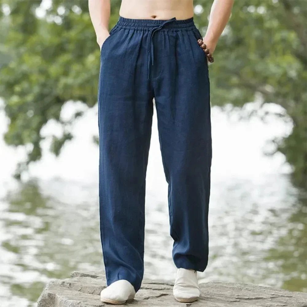 Men's Summer Cotton-Linen Oversized Wide Leg Pants Elastic Waist Casual Ankle-Length