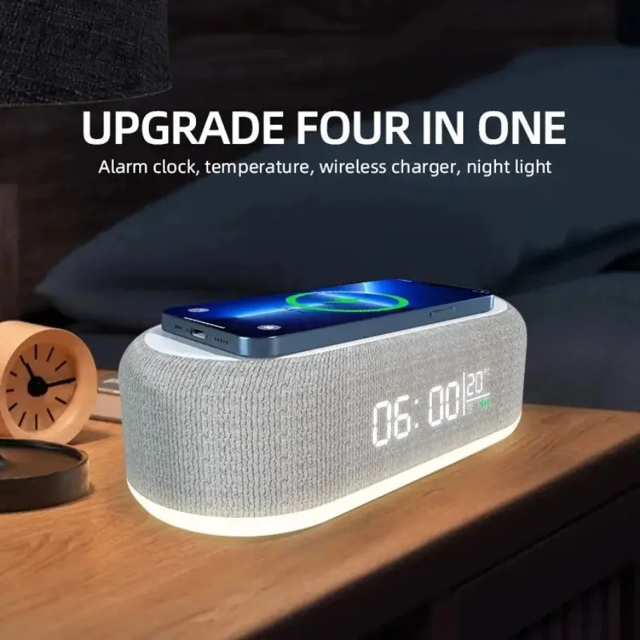 Qi Wireless Charging Alarm Clock with LED Night Light & Thermometer — 15W Fast Charge Dock for Smartphones