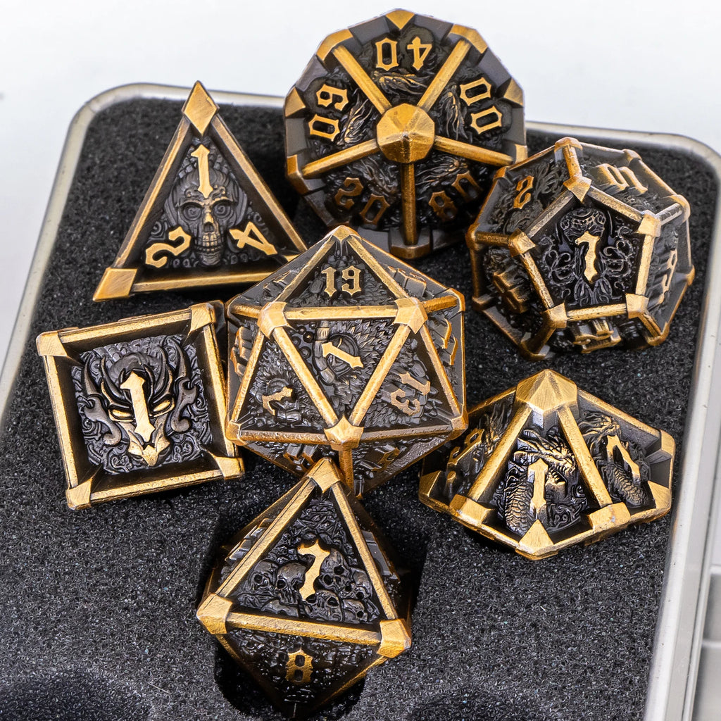 Skull and Dragon Metal Dice Set - 7-Piece Polyhedral DnD Dice for Dungeons & Dragons Tabletop RPG