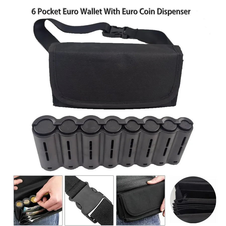 Euro Coin Wallet Fanny Pack 6-Pocket Cashier Waist Bag with 8-Slot Coin Dispenser