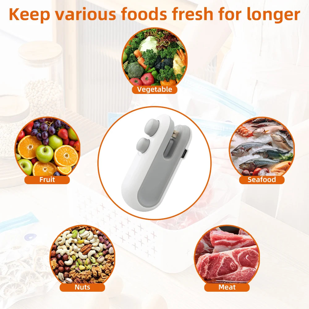 Mini Portable Handheld Heat Sealer USB Rechargeable Clip-On Bag Sealer for Snacks, Chips & Pet Food