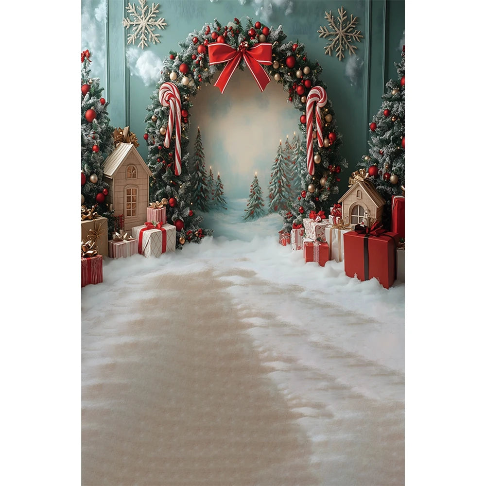 Christmas Photography Backdrop - Santa, Tree & Fireplace Winter Snow Wood Floor Portrait Background