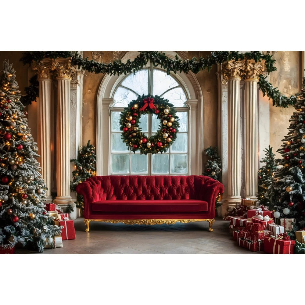 Christmas Photography Backdrop - Red Curtain & Window Scene with Snowy Bear and Gifts for Kids & Family Portraits