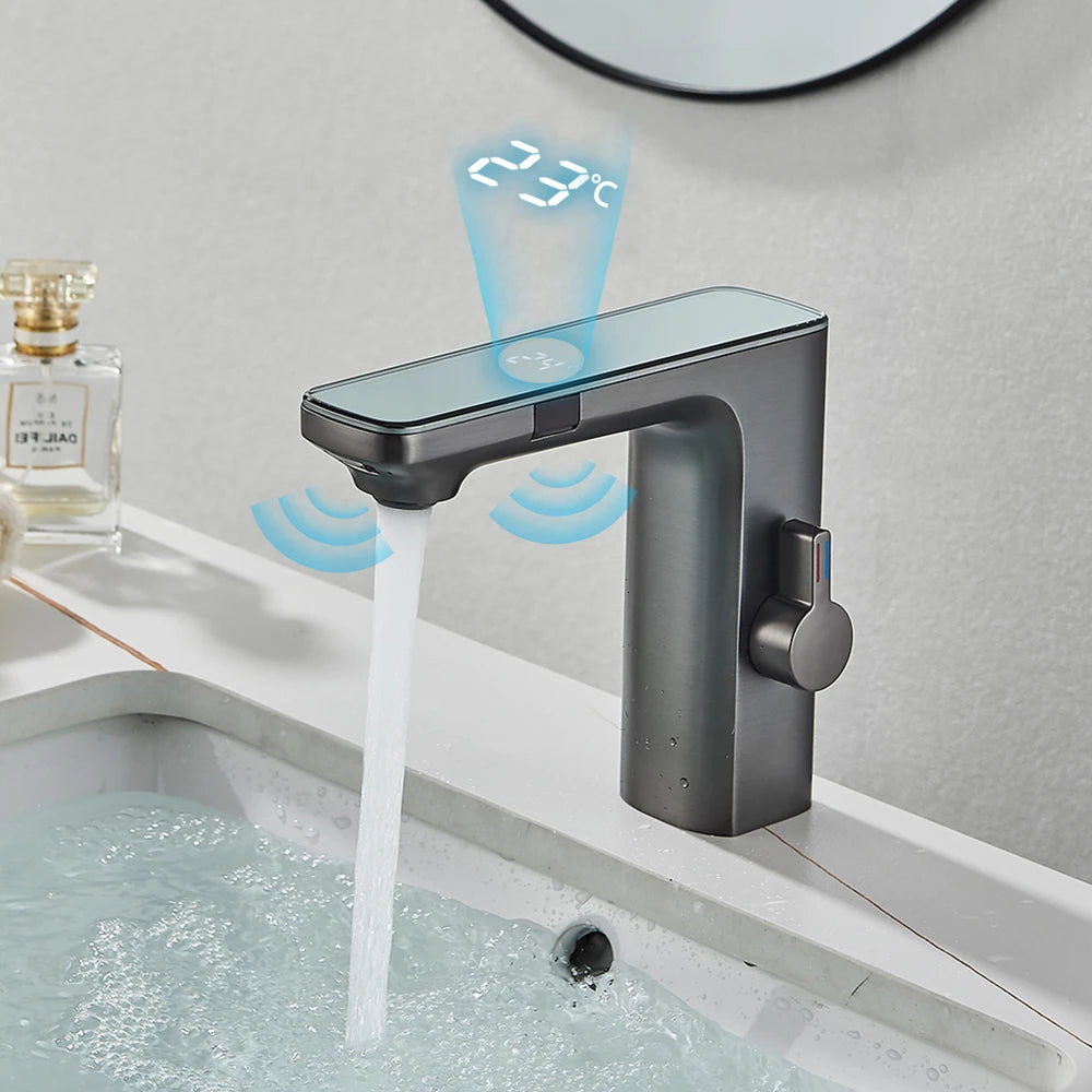 Touchless White Sensor Basin Faucet with Digital Temperature Display – Hot & Cold Mixer Tap for Bathroom Vanity