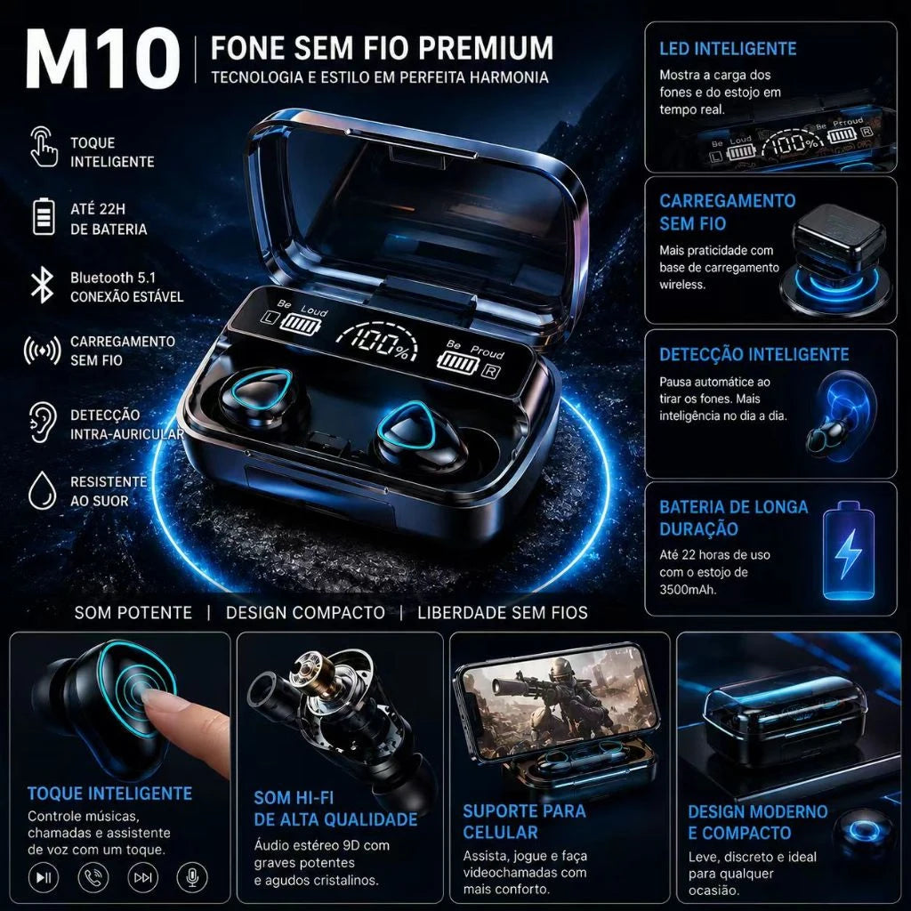 Bluetooth Sports Earphones with Ear Hook, Long Battery Life, Built-In Microphone and Digital Display Charging Case
