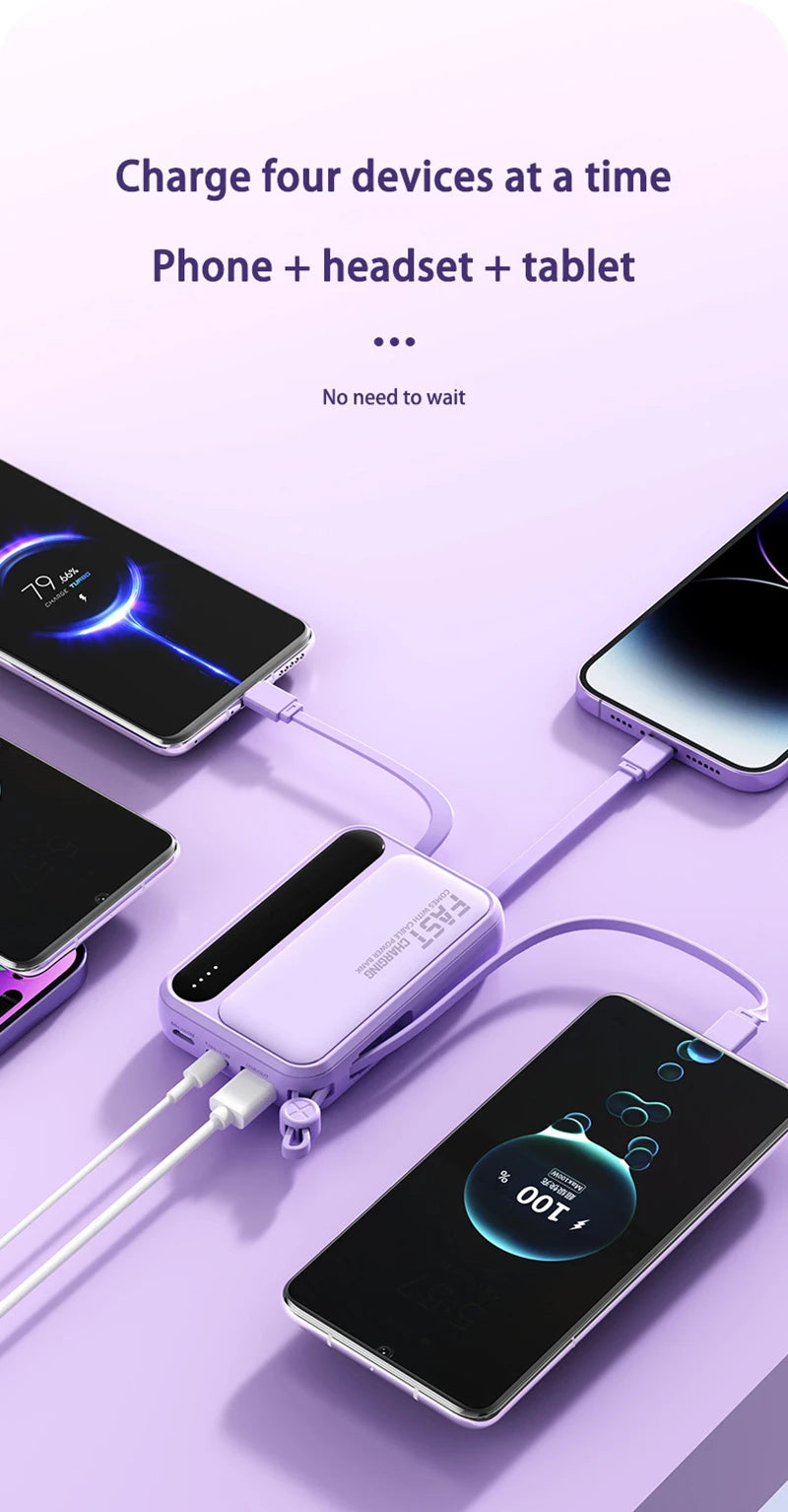 4-in-1 50000mAh Portable Power Bank with Built-in Cables & LED Digital Display — Universal Charger for Smartphones & Tablets