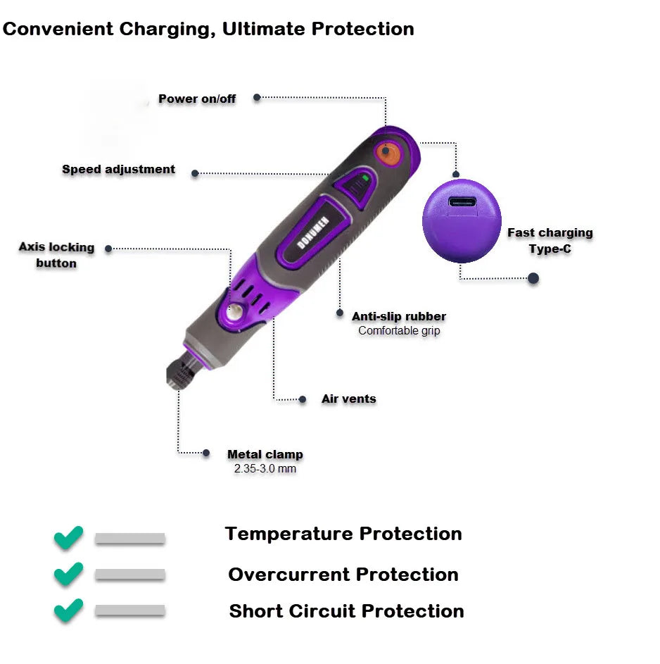 Mini Cordless Rotary Tool 3-Speed Grinder Engraving Pen USB-C 55-Piece Accessory Kit