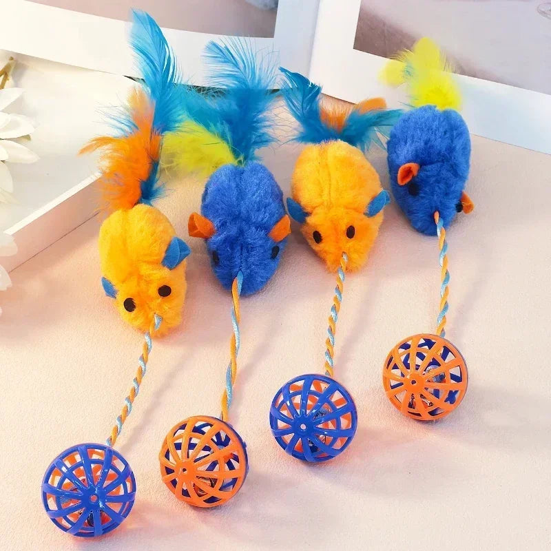Feather Mouse Cat Toy with Bell and String, Squeak Ball Teaser 30 x 4 cm (11.8 x 1.6 in)